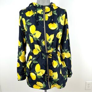 Jason Maxwell Women’s SZ M Navy Lemon Print Hooded Zip Jacket Lightweight